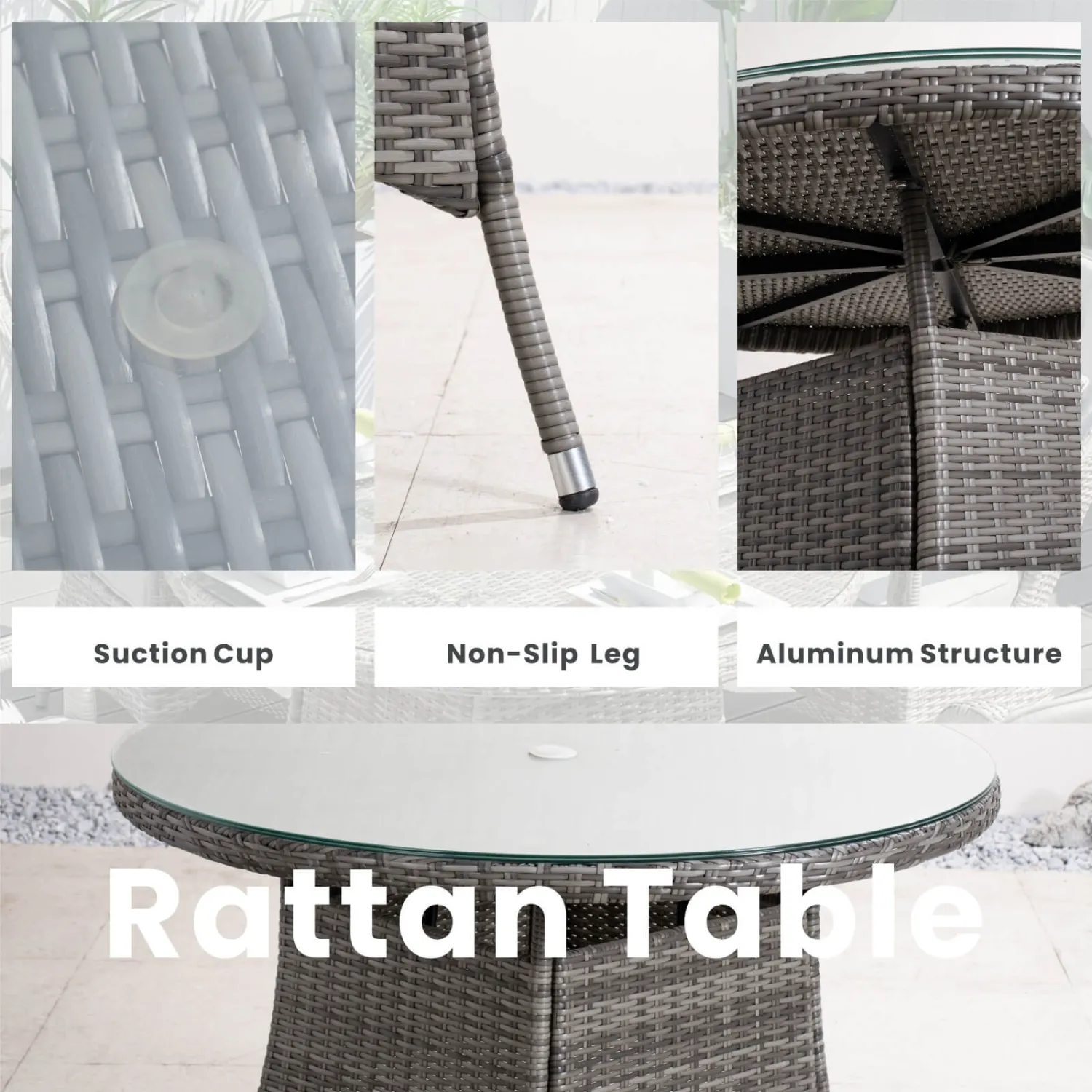 Rattan Outdoor Dining Set, 4 Seater Set, in Brown & Grey, with a Round Table & Tempered Glass Top - Image 7