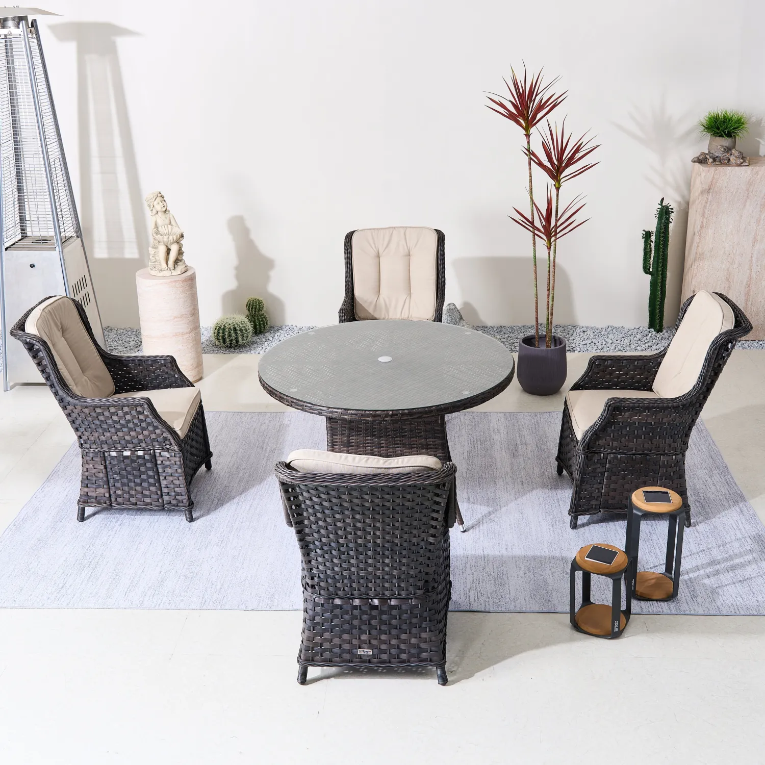 Rattan Outdoor Dining Set, 4 Seater Set, in Brown & Grey, with a Round Table & Tempered Glass Top - Image 12