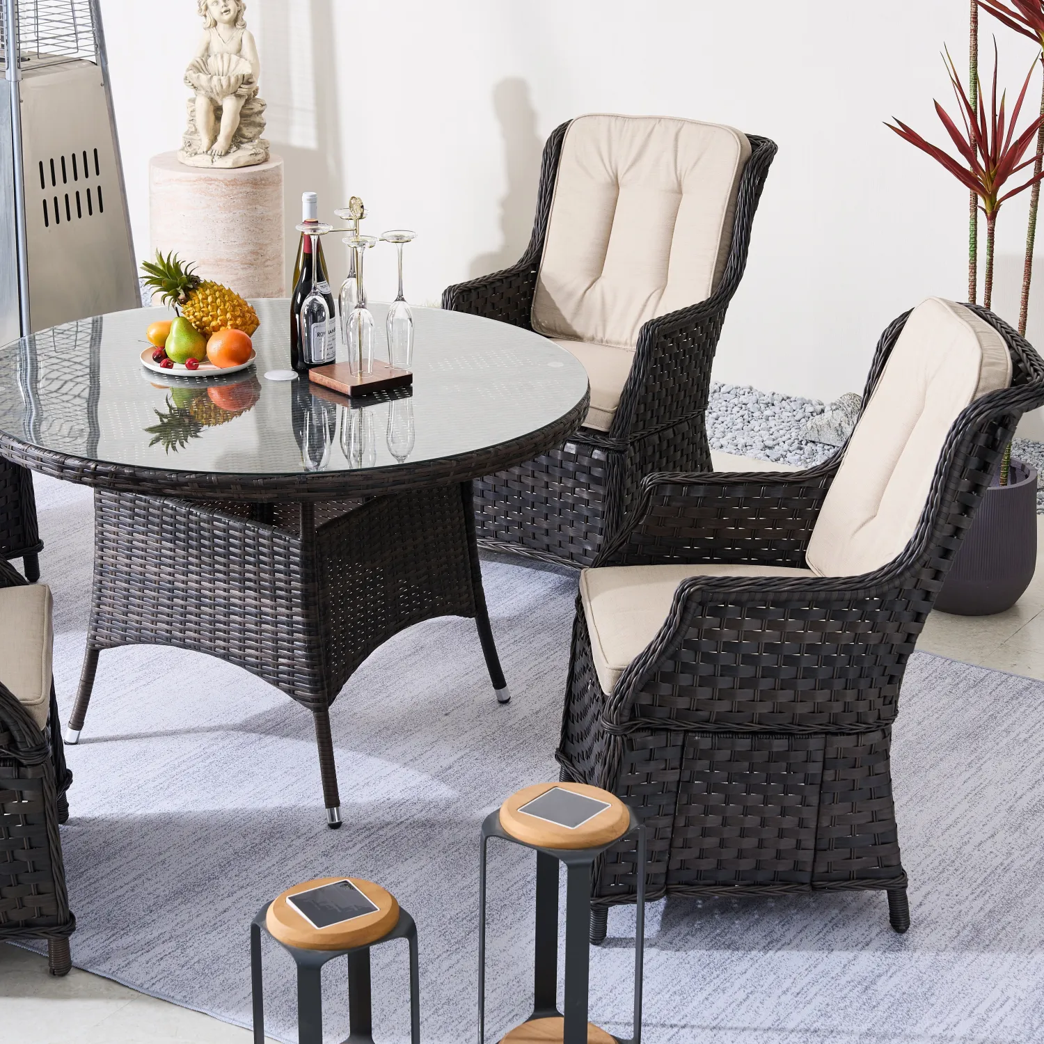 Rattan Outdoor Dining Set, 4 Seater Set, in Brown & Grey, with a Round Table & Tempered Glass Top - Image 13