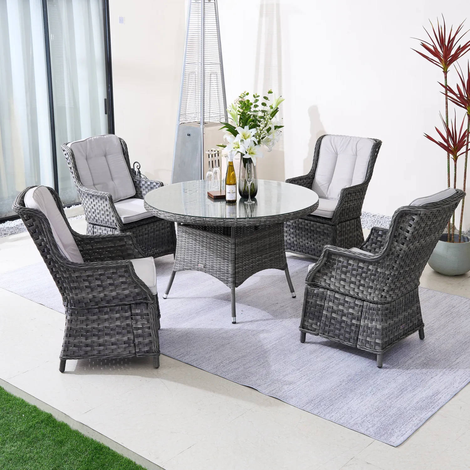 Rattan Outdoor Dining Set, 4 Seater Set, in Brown & Grey, with a Round Table & Tempered Glass Top - Image 15