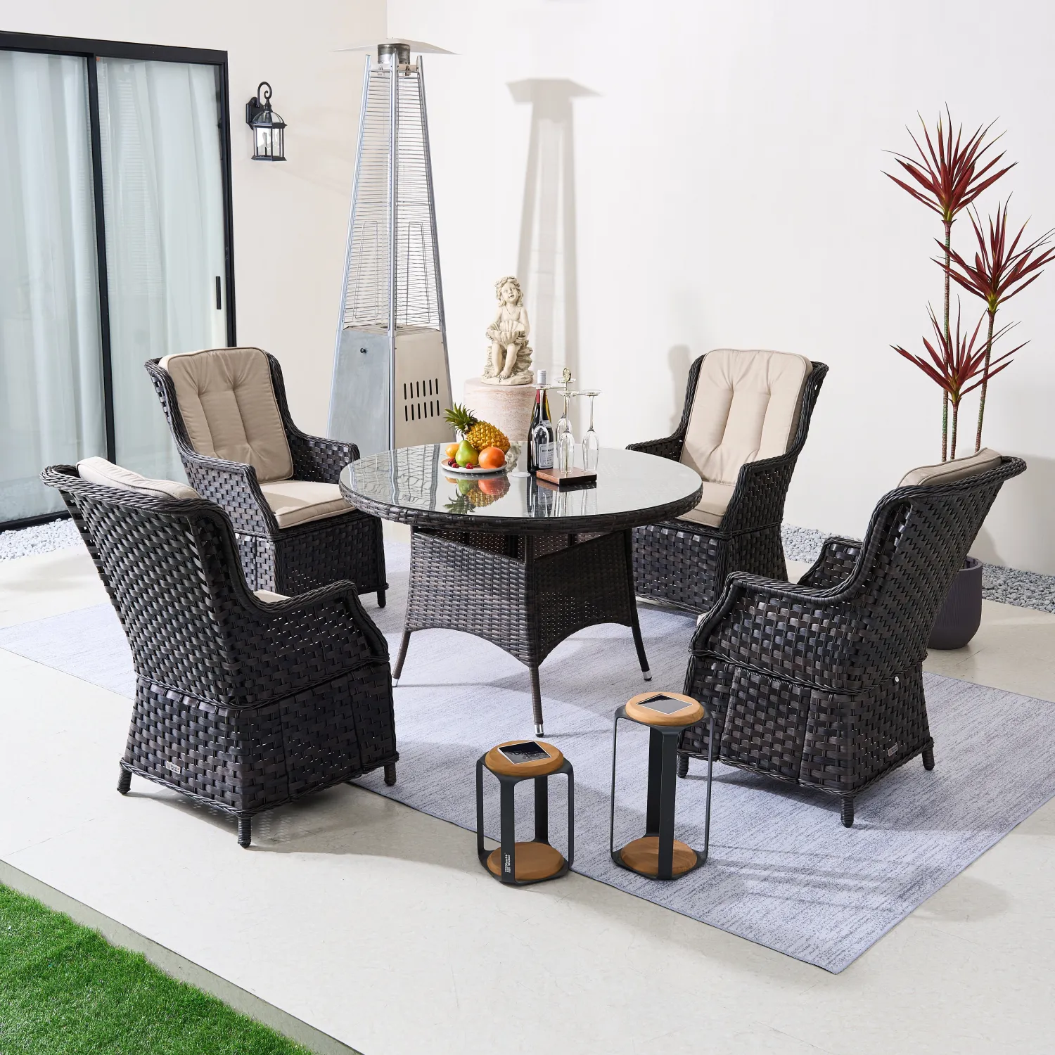 Rattan Outdoor Dining Set, 4 Seater Set, in Brown & Grey, with a Round Table & Tempered Glass Top - Image 16