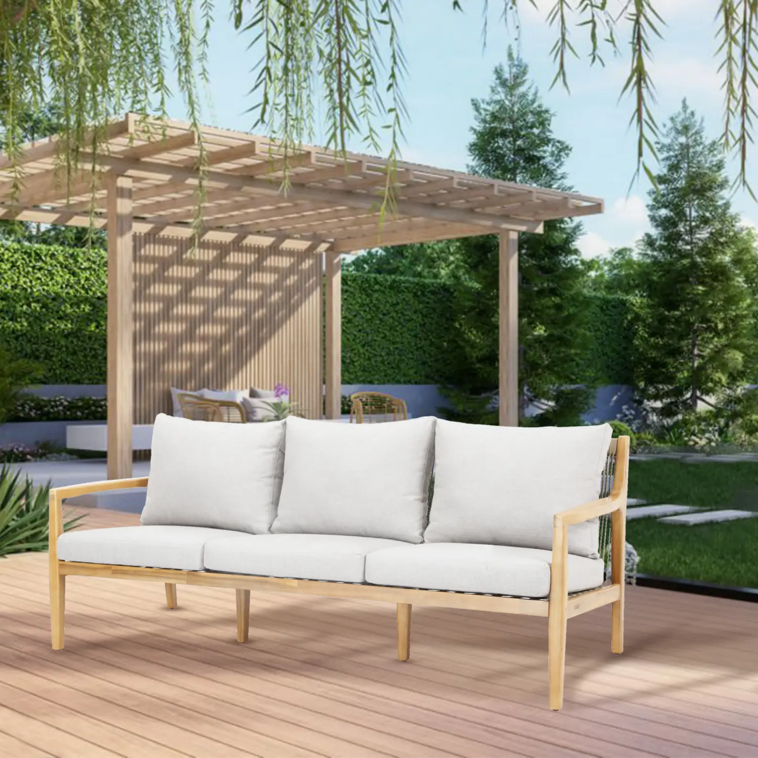Solara Solid Wood and Taupe Rope 3-Seater Garden Sofa - Image 2