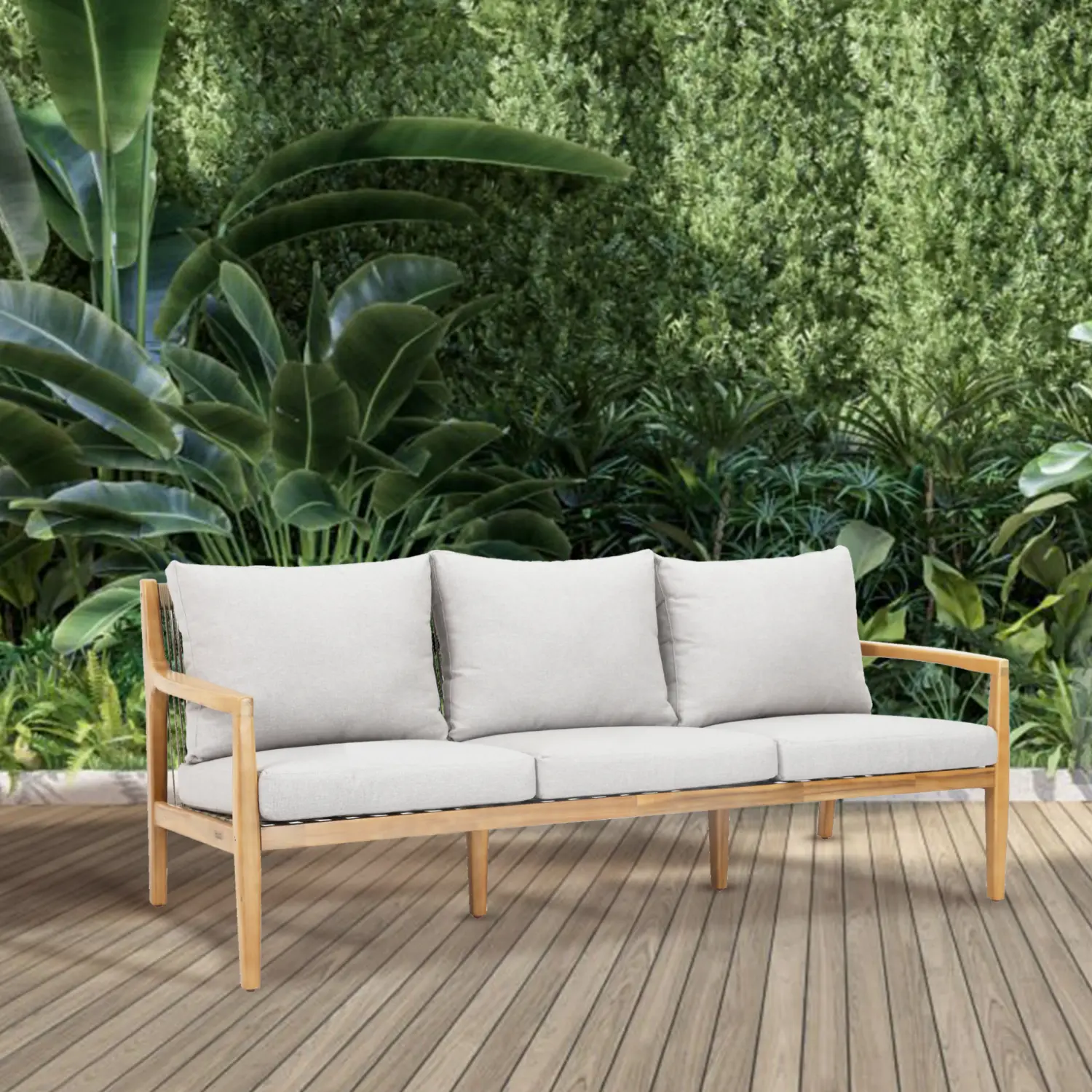 Solara Solid Wood and Taupe Rope 3-Seater Garden Sofa - Image 3