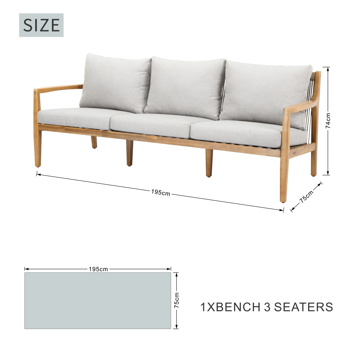 Solara Solid Wood and Taupe Rope 3-Seater Garden Sofa - Image 7