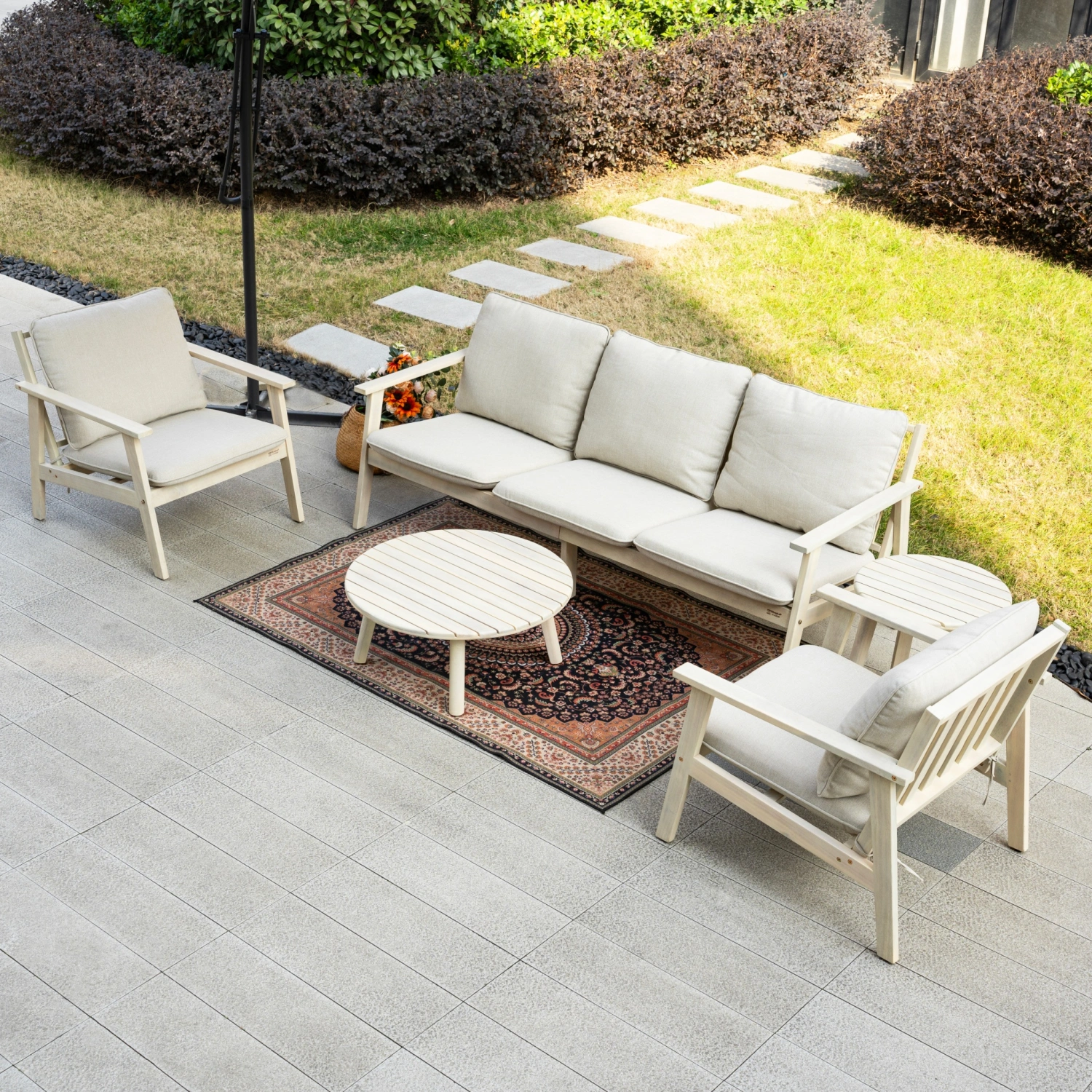 Toledo Natural Wood 5-Seater Garden Sofa Set with Round Coffee Table & Side Table - Image 2