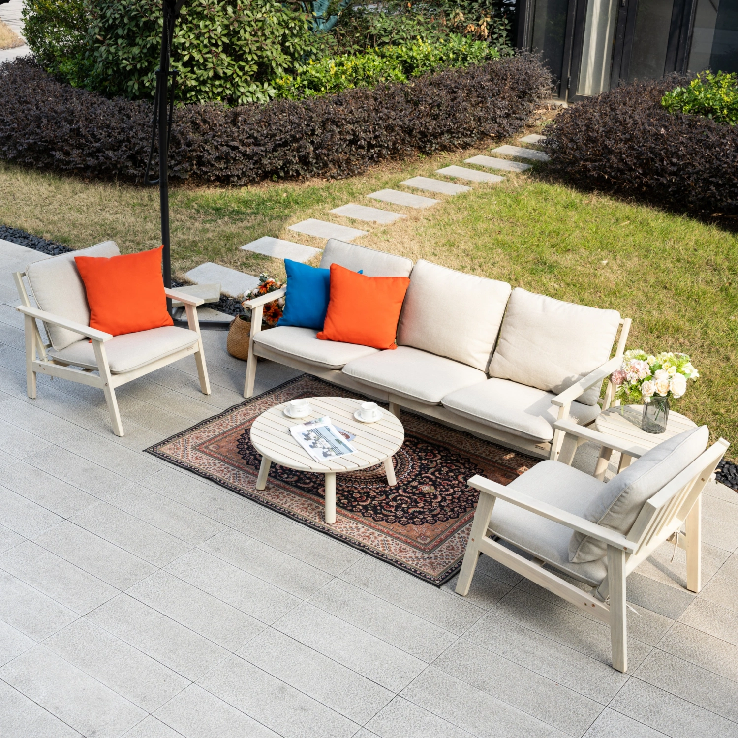 Toledo Natural Wood 5-Seater Garden Sofa Set with Round Coffee Table & Side Table - Image 3