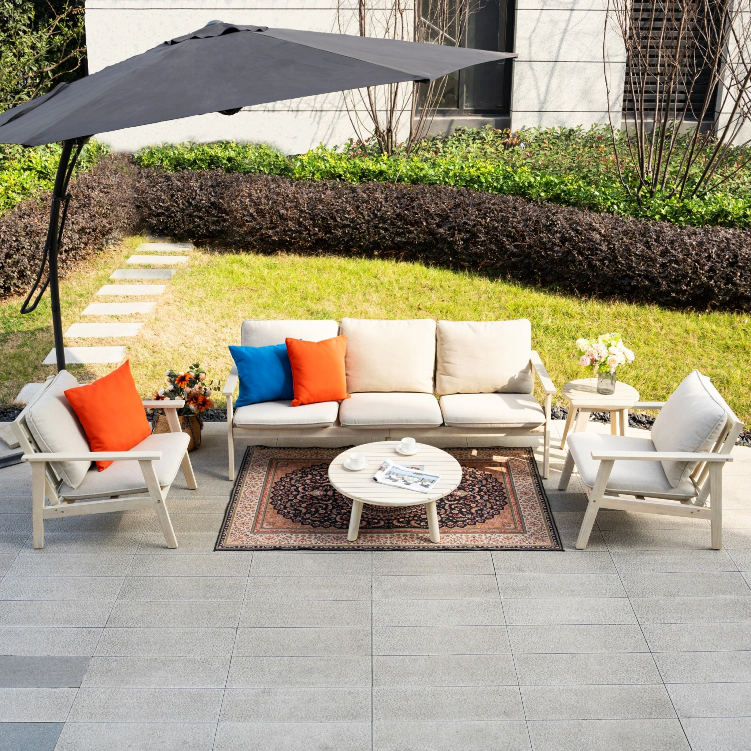Toledo Natural Wood 5-Seater Garden Sofa Set with Round Coffee Table & Side Table - Image 4