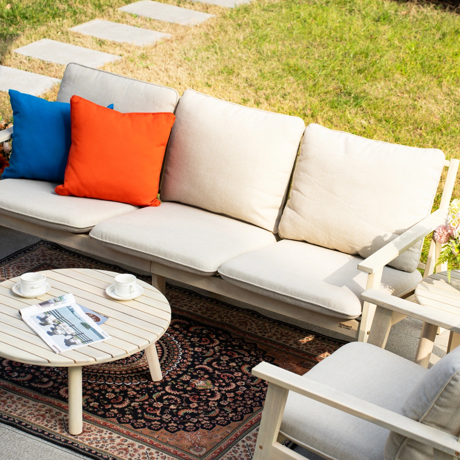 Toledo Natural Wood 5-Seater Garden Sofa Set with Round Coffee Table & Side Table - Image 5