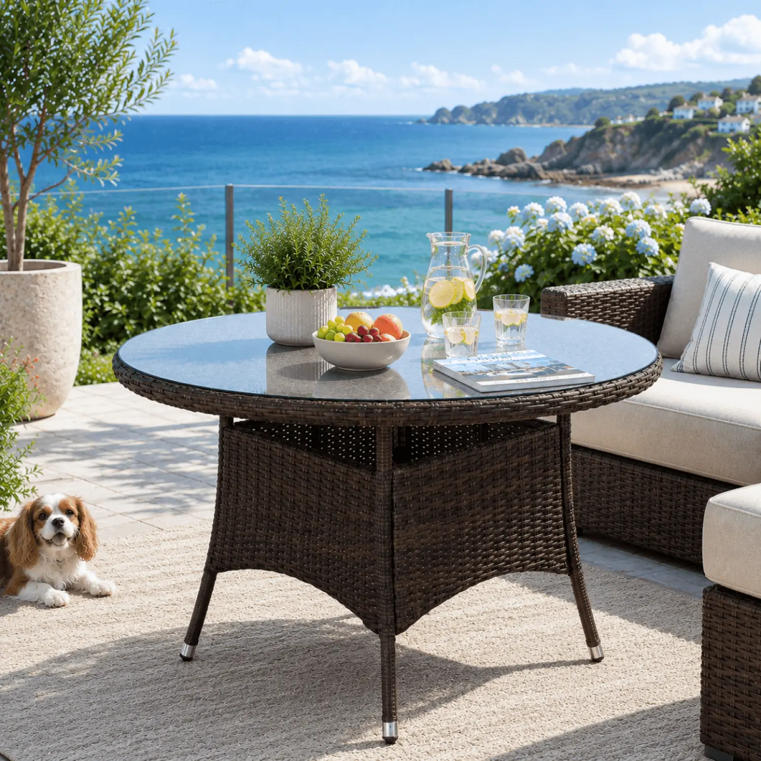120cm Round 4-Seater Rattan Garden Dining Table with Aluminium Frame – Brown