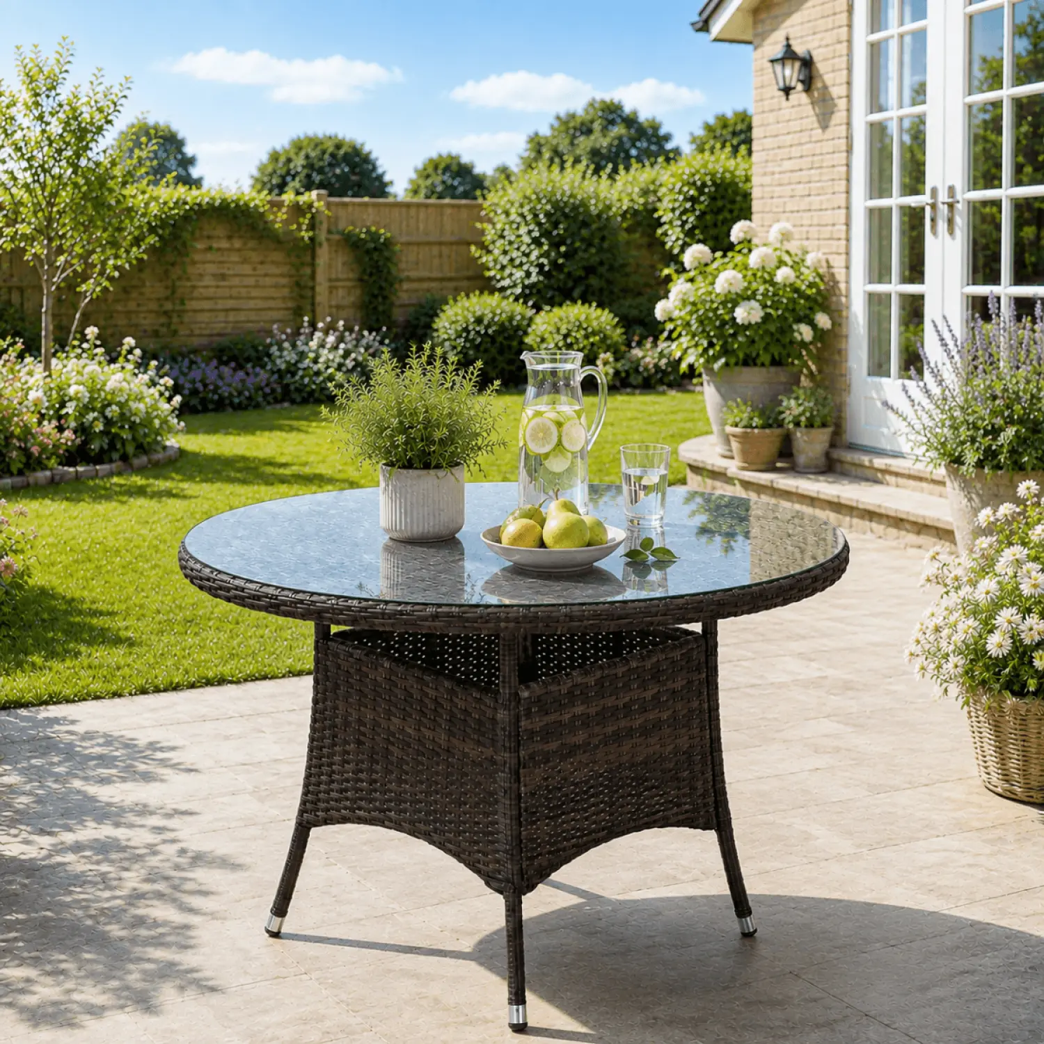 120cm Round 4-Seater Rattan Garden Dining Table with Aluminium Frame – Brown - Image 2