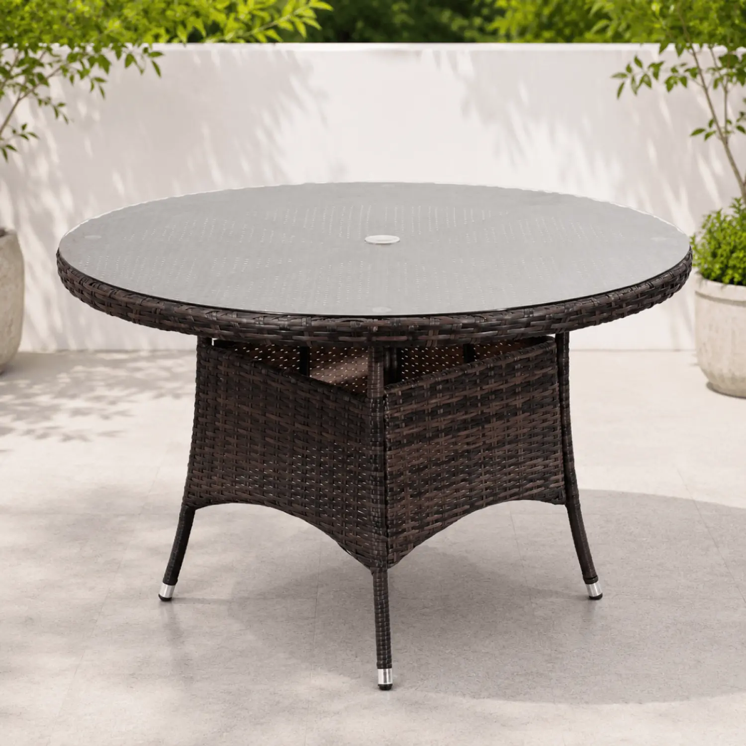 120cm Round 4-Seater Rattan Garden Dining Table with Aluminium Frame – Brown - Image 3