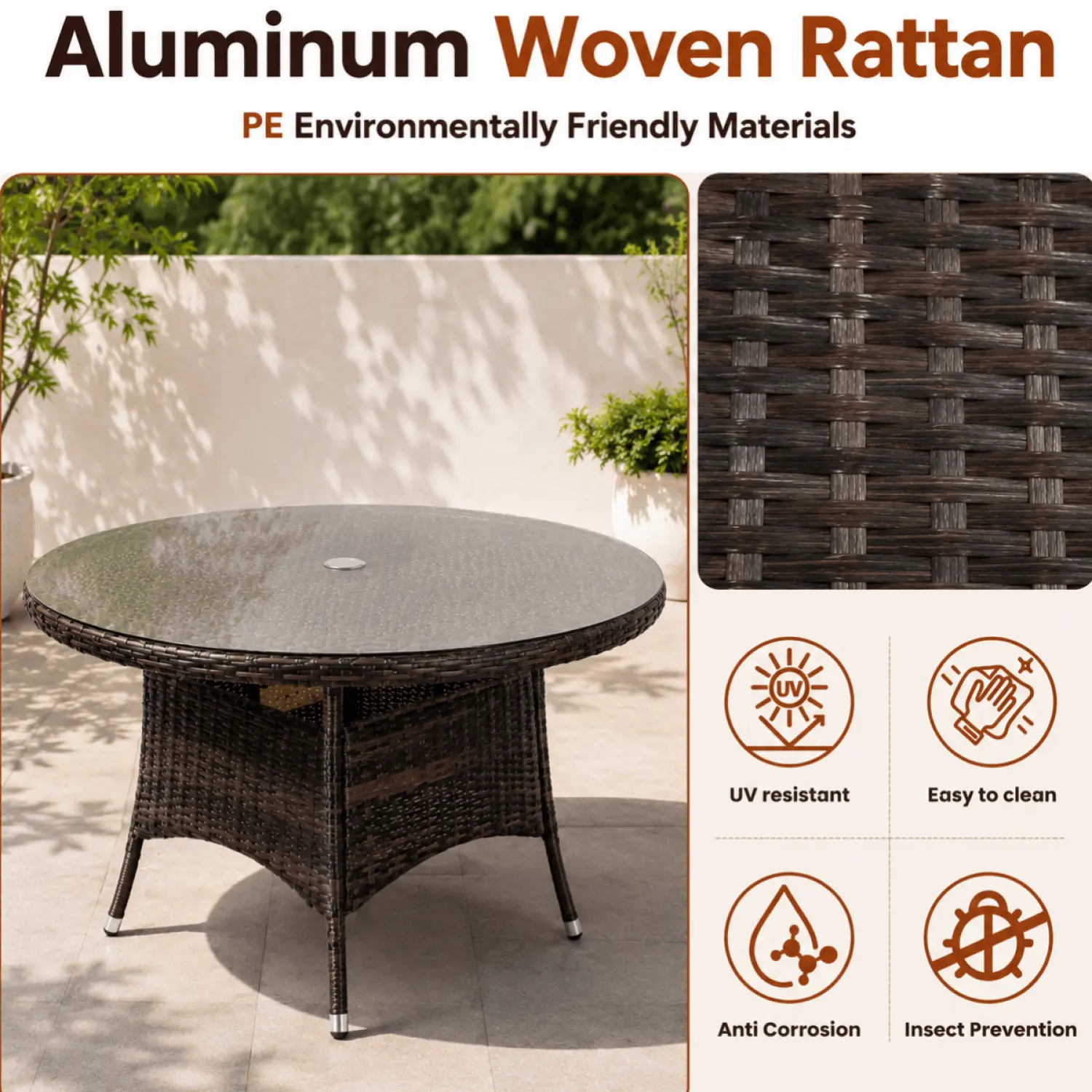 120cm Round 4-Seater Rattan Garden Dining Table with Aluminium Frame – Brown - Image 5