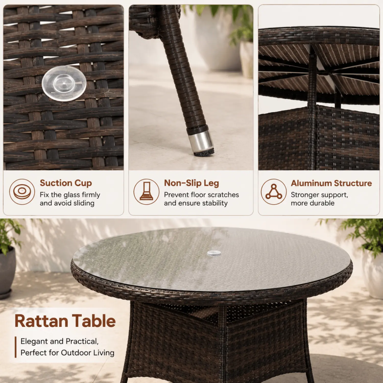 120cm Round 4-Seater Rattan Garden Dining Table with Aluminium Frame – Brown - Image 6