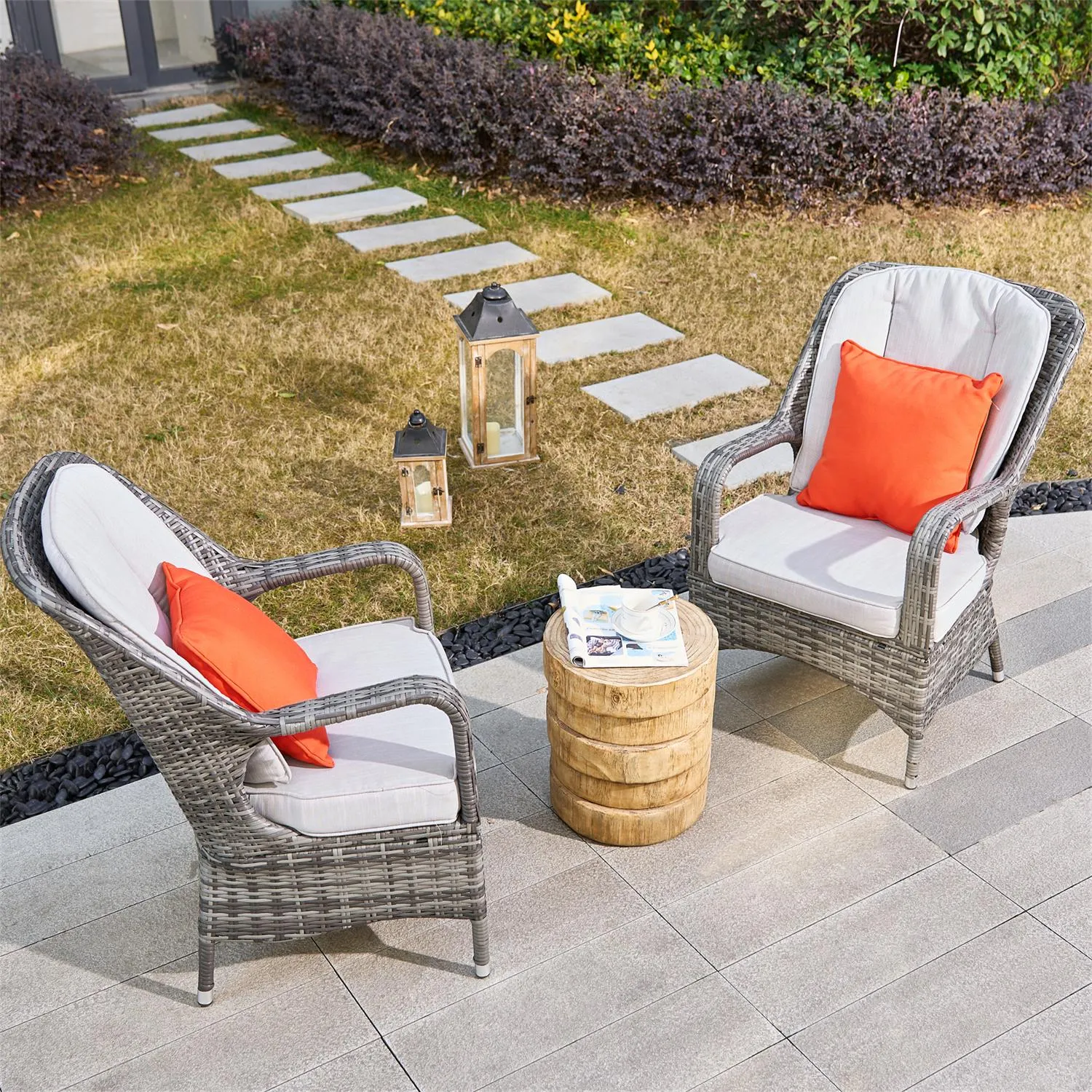 Saint-Malo 3 Piece Rattan Bistro Set with Detachable Chairs and Irregular Wood Side Table - Grey & Brown