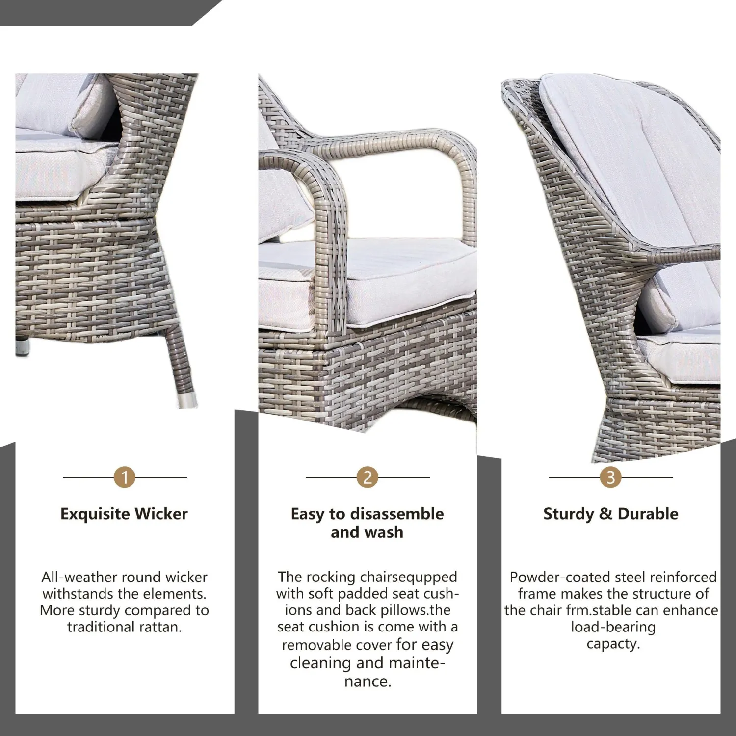 Saint-Malo 3 Piece Rattan Bistro Set with Detachable Chairs and Irregular Wood Side Table - Grey & Brown - Image 2