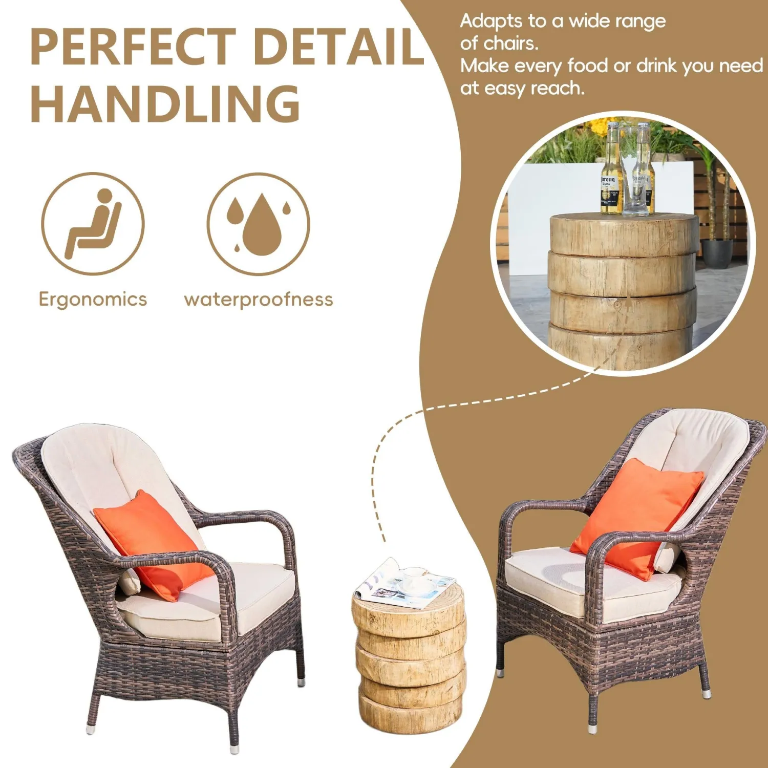 Saint-Malo 3 Piece Rattan Bistro Set with Detachable Chairs and Irregular Wood Side Table - Grey & Brown - Image 3