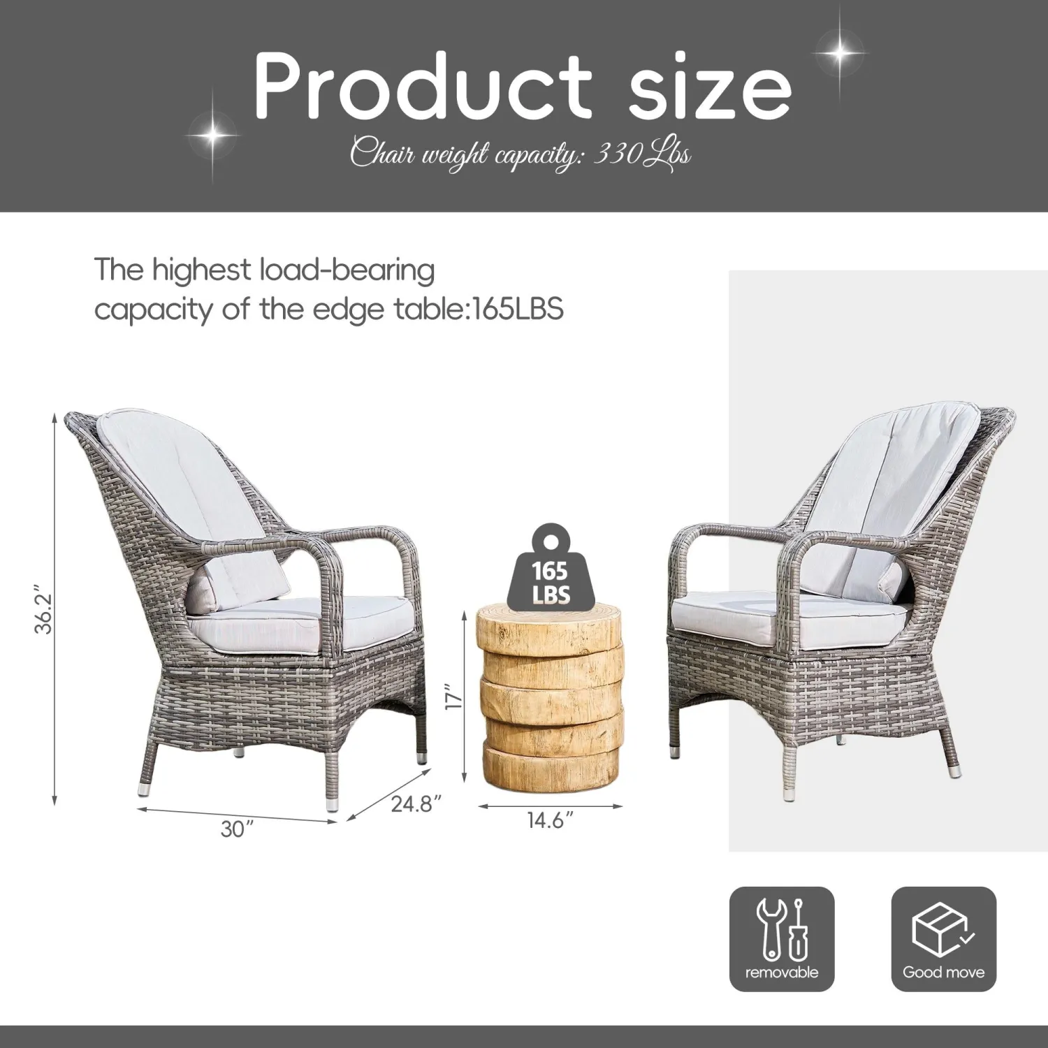Saint-Malo 3 Piece Rattan Bistro Set with Detachable Chairs and Irregular Wood Side Table - Grey & Brown - Image 5