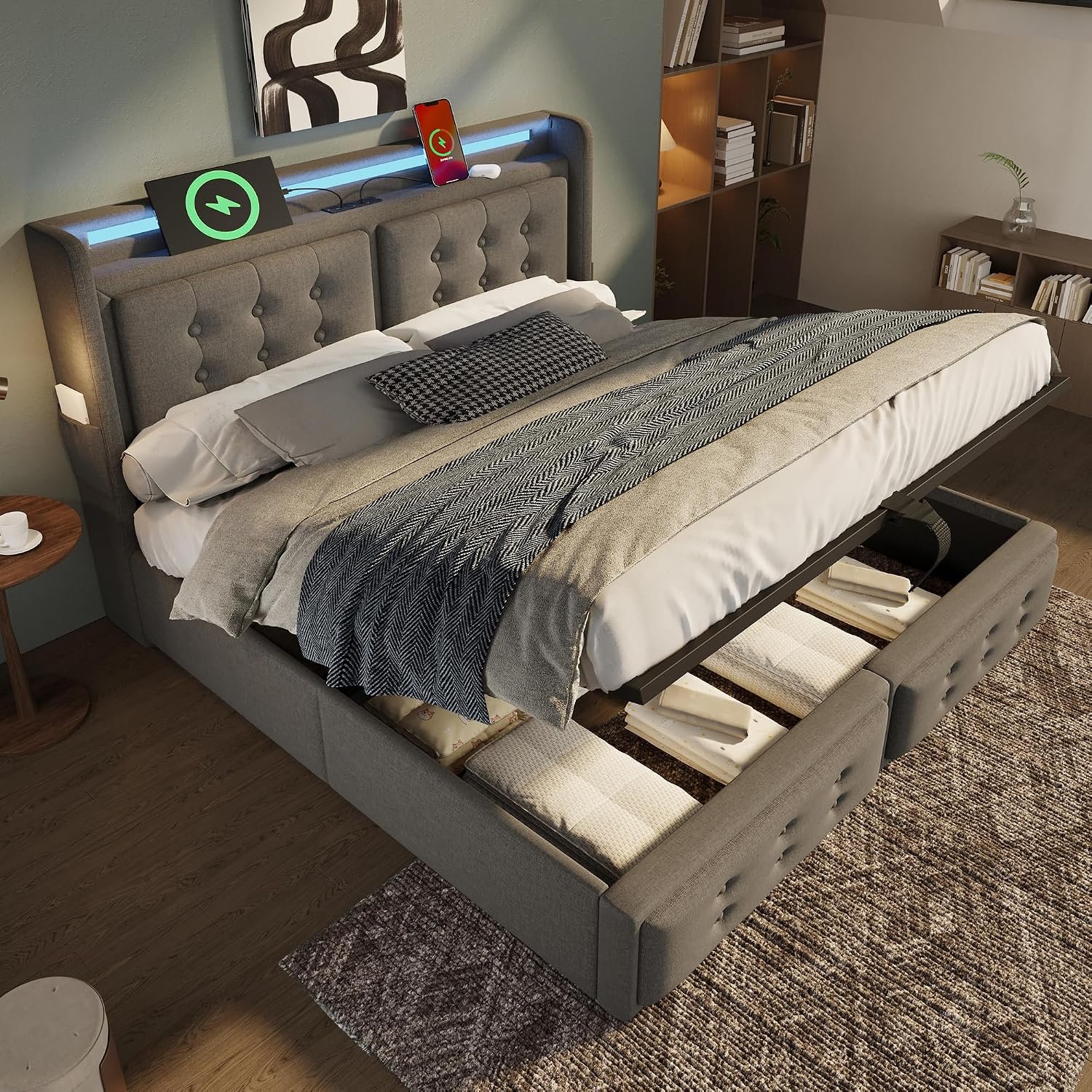 Ottoman Bed Frame with Hydraulic Lift & LED