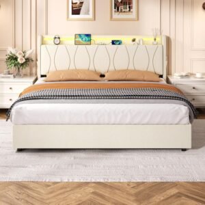 Upholstered Ottoman Bed with Hydraulic Lift & LED
