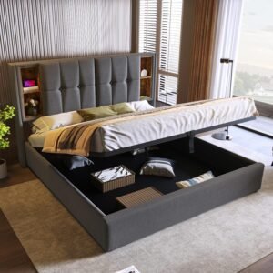 Ottoman Bed with LED Lighting Velvet Upholstered Bed