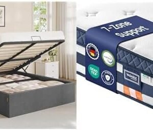 Upholstered Bed Frame with Hydraulic Storage PU Ottoman