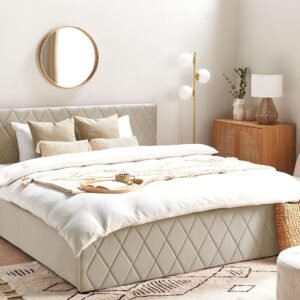 Upholstered Bed Frame with Hydraulic Storage LED Headboard