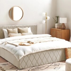 Beliani Rochefort Beige Velvet Ottoman Bed in Bedroom Setting